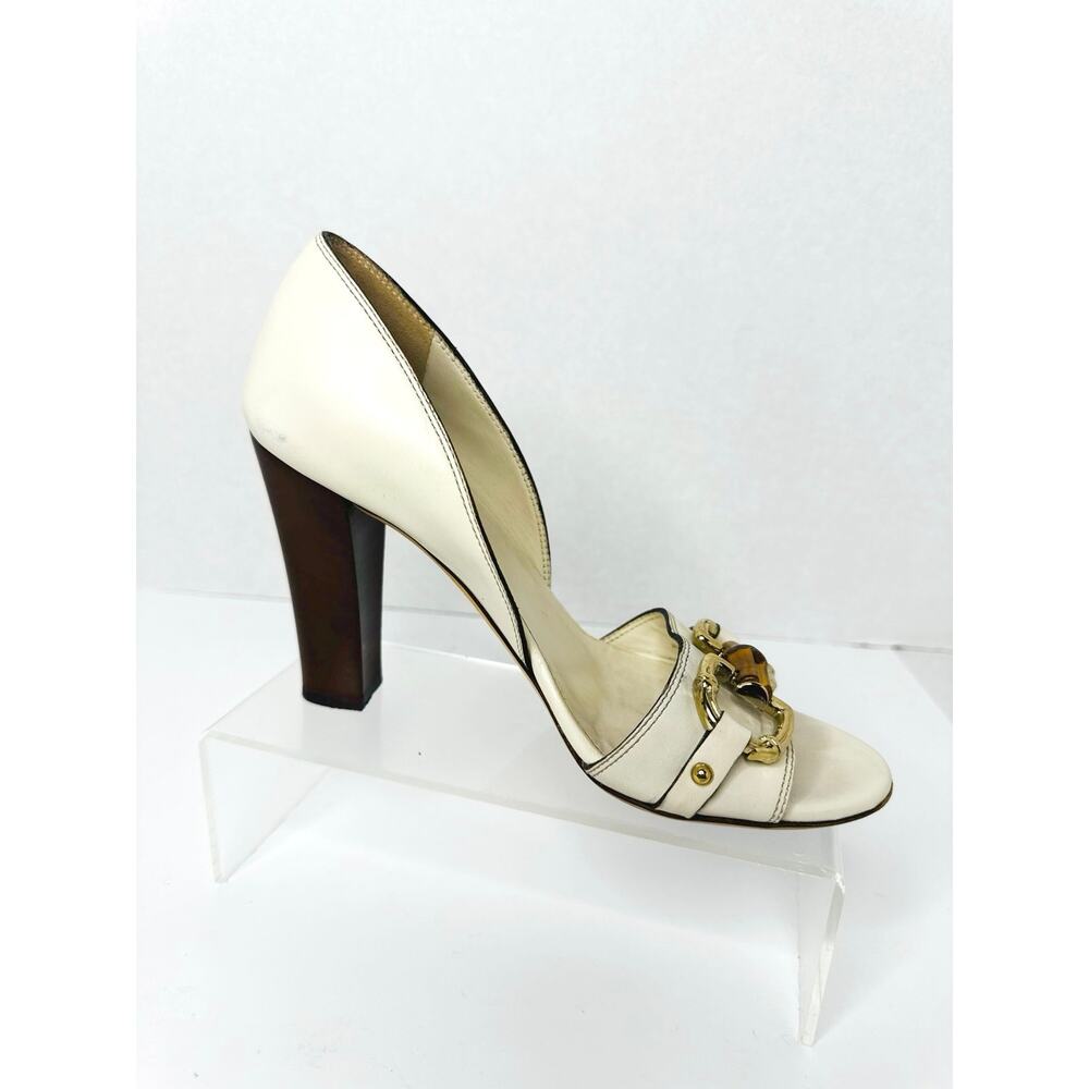 Gucci Ivory Leather Bamboo Horsebit Open Toe Pumps Women Mule Heel Size 6B - Picture 10 of 10